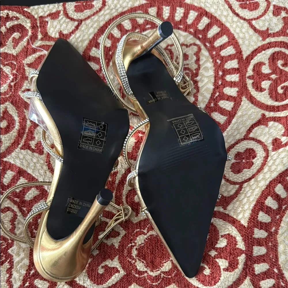 PrettyLittleThing Metallic Gold Strappy Heels with Rhinestone Details - Image 4