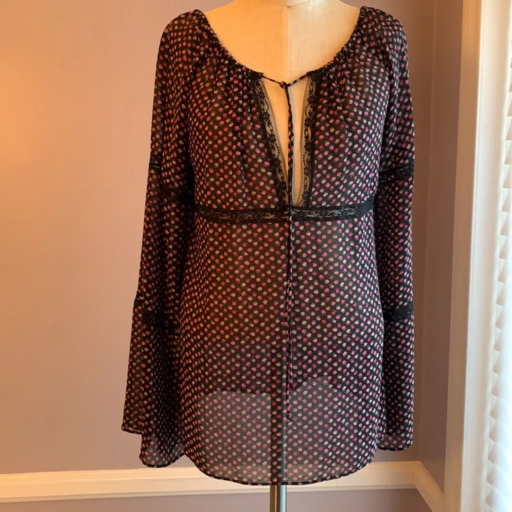 Karen Kane black pink silk floral sheer peasant tunic blouse with bell sleeves S - Image 2