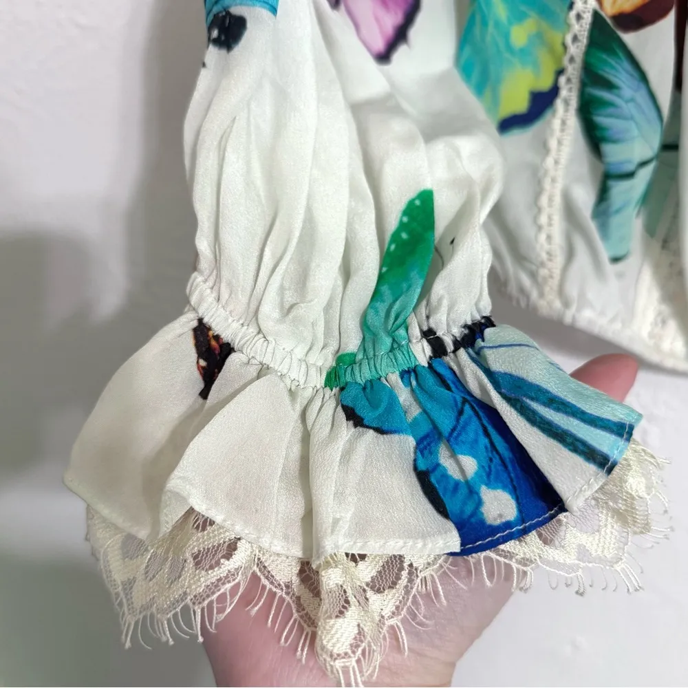 Rococo Sand Blossom Off the Shoulder Silk Top in Butterfly print, size XS - Image 4