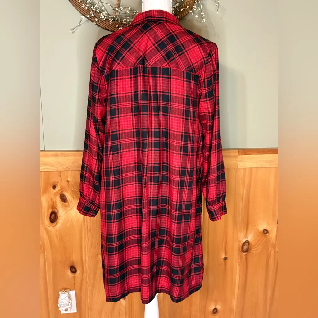 J JILL 1/3 Button Down Shirt Dress Red Black Plaid Pockets Lumberjack Chic Small - Image 5
