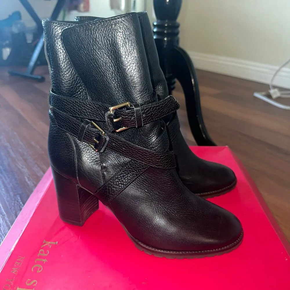 Kate spade Layne black leather buckle stacked heel  booties 8.5 - Image 8