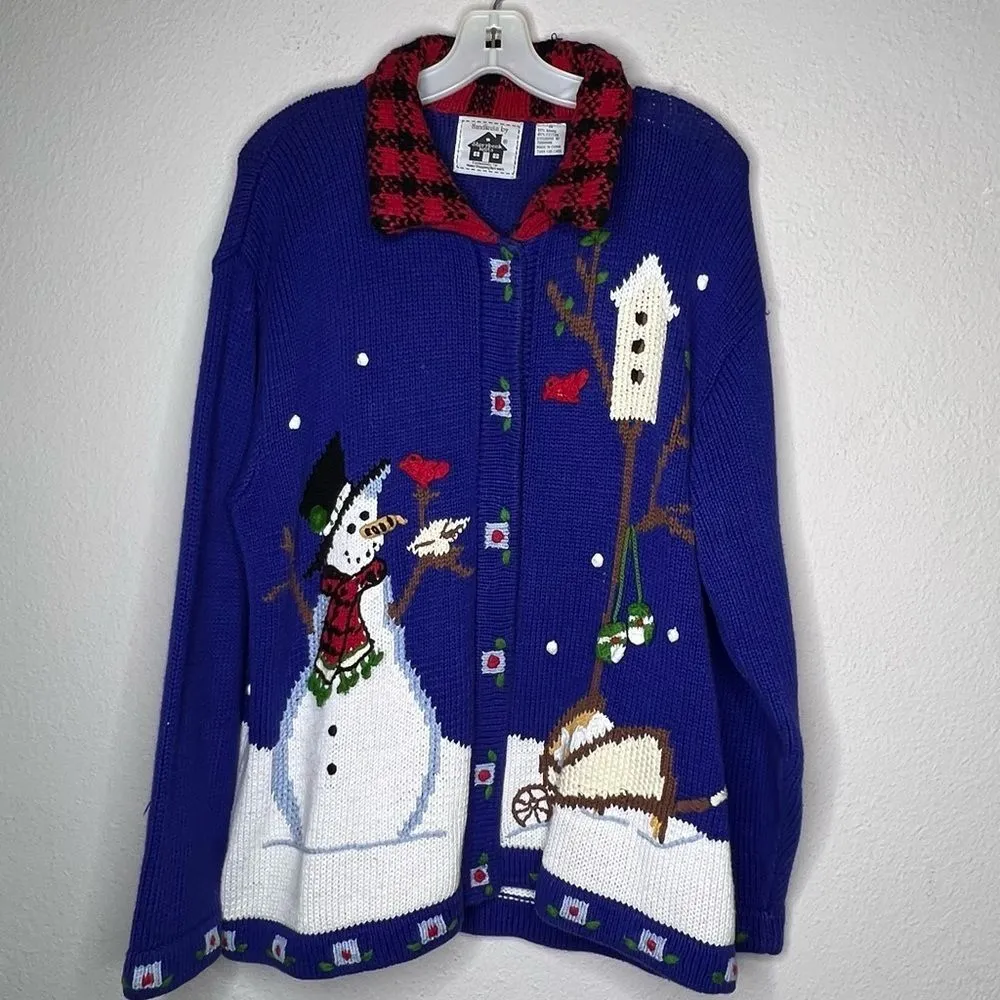 Vintage Storybook‎ Knits Christmas Snowman Cardigan Sweater Blue Size 1X - Image 5