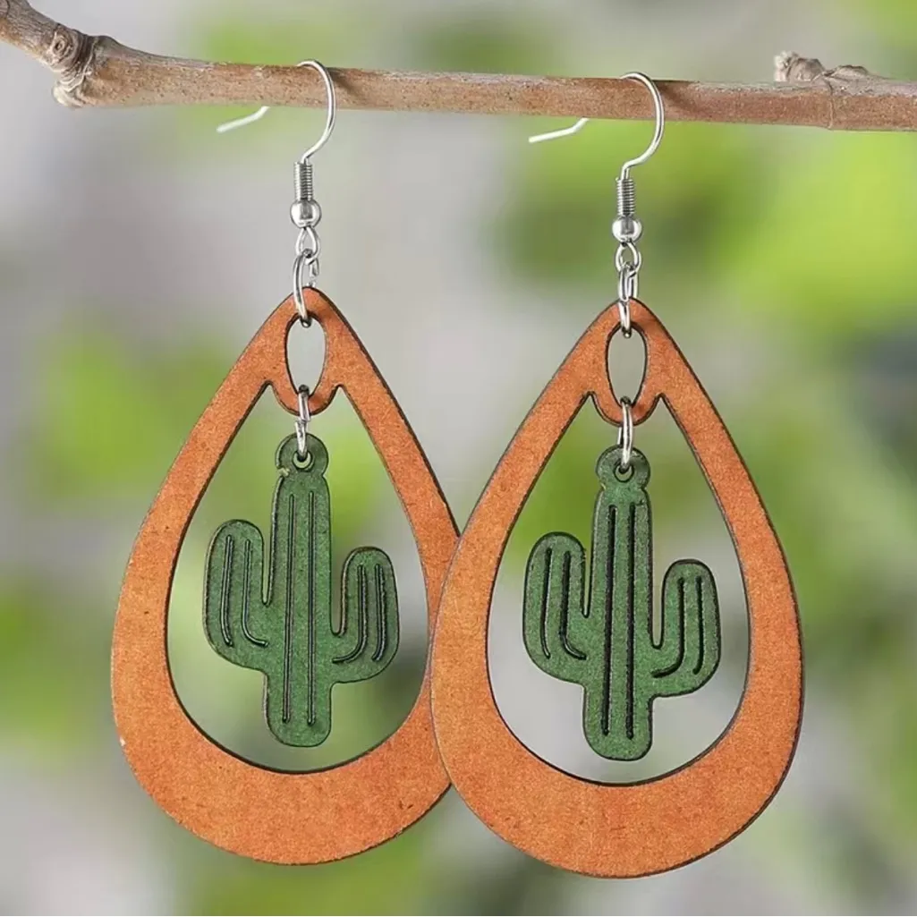 Western ethnic style cactus hollow water drop dangle wooden‎ earrings Tan - Image 8
