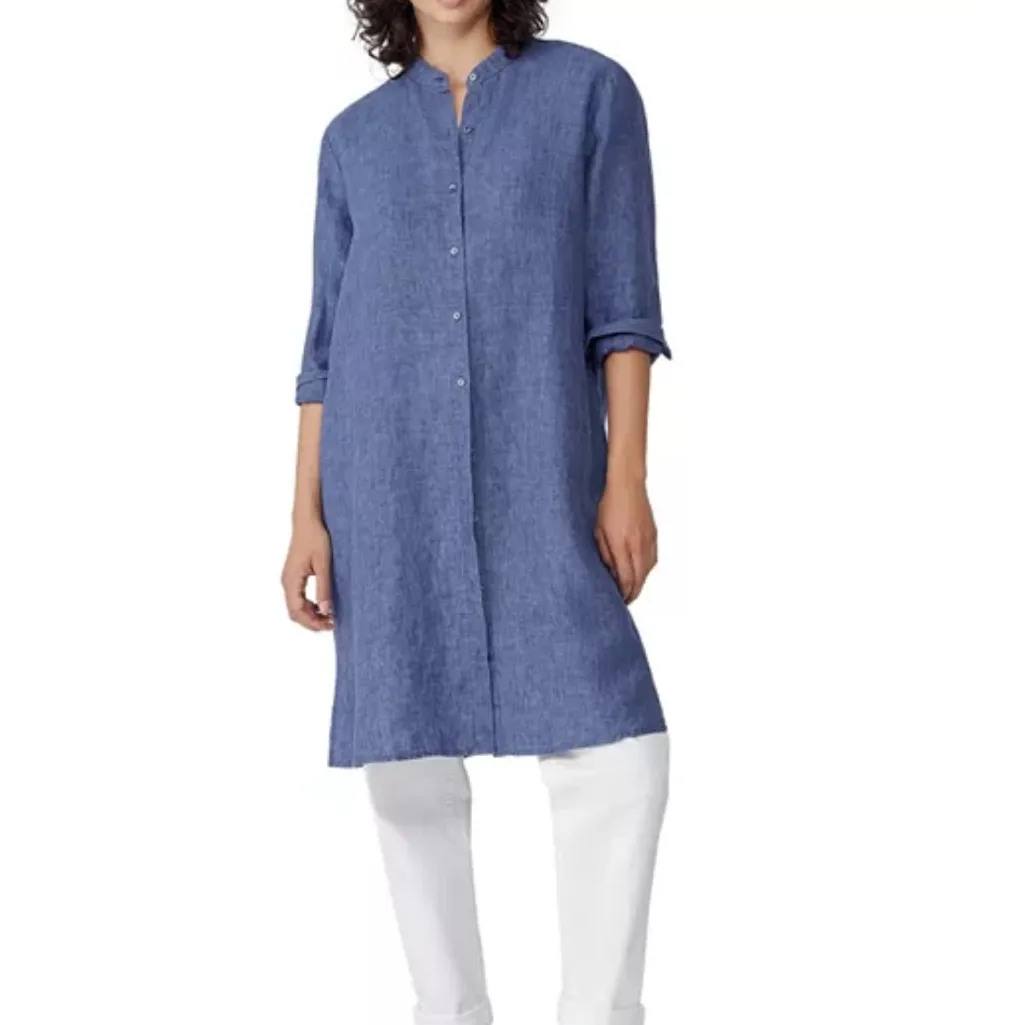 NWT EILEEN FISHER Washed Organic Linen Delave Shirtdress Tunic in Blueberry XS - Image 2