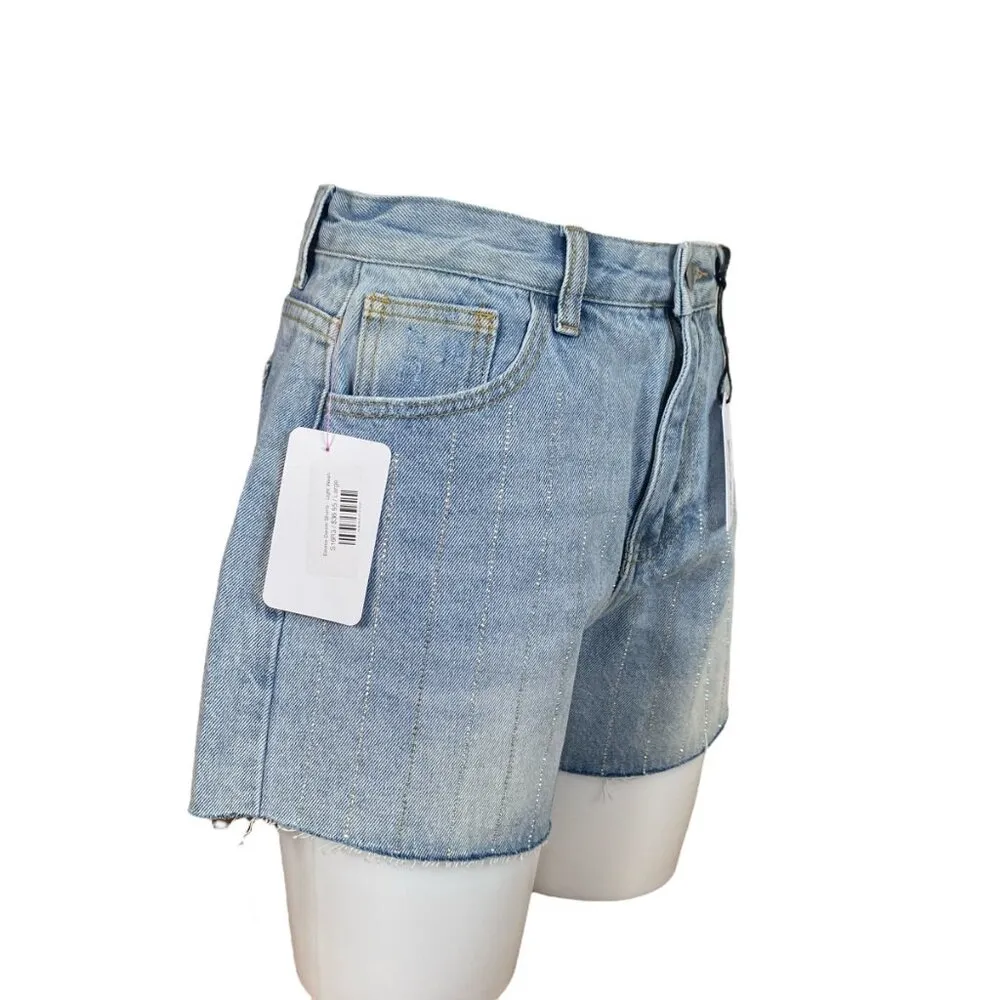 Twelve by Ontwelfth women's Large emmie denim light wash frayed sequin shorts - Image 2