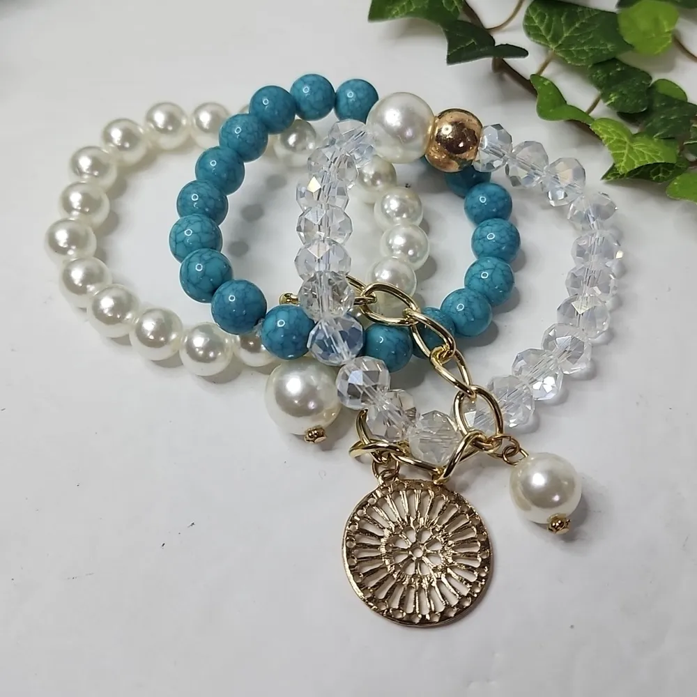 Boho Gold Turquoise Pearl 3 Strand Stretch Bracelet Set Blue - Image 2