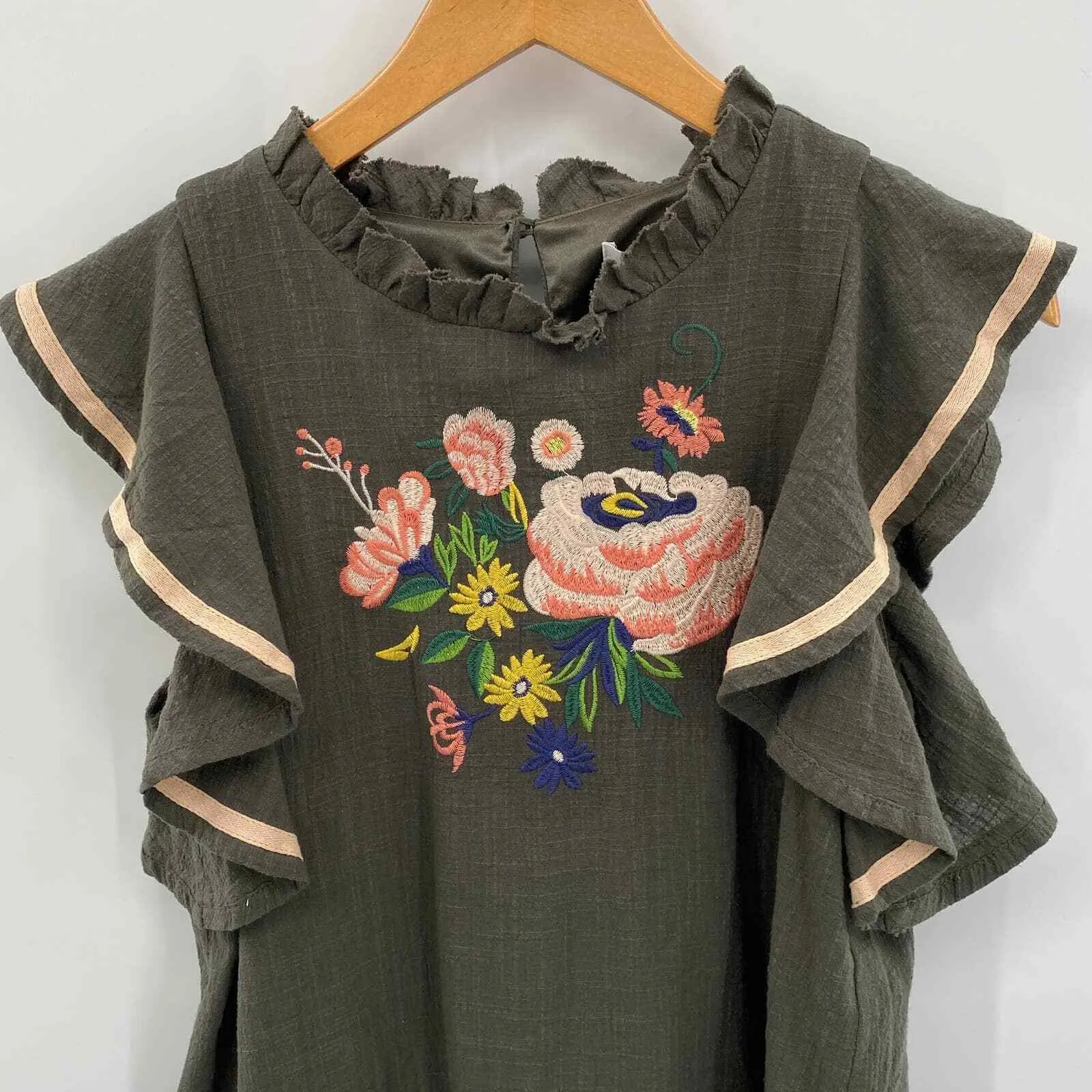 THML Tunic Shift Dress womens small Olive Green Embroidered Ruffle sleeve Cotton - Image 6