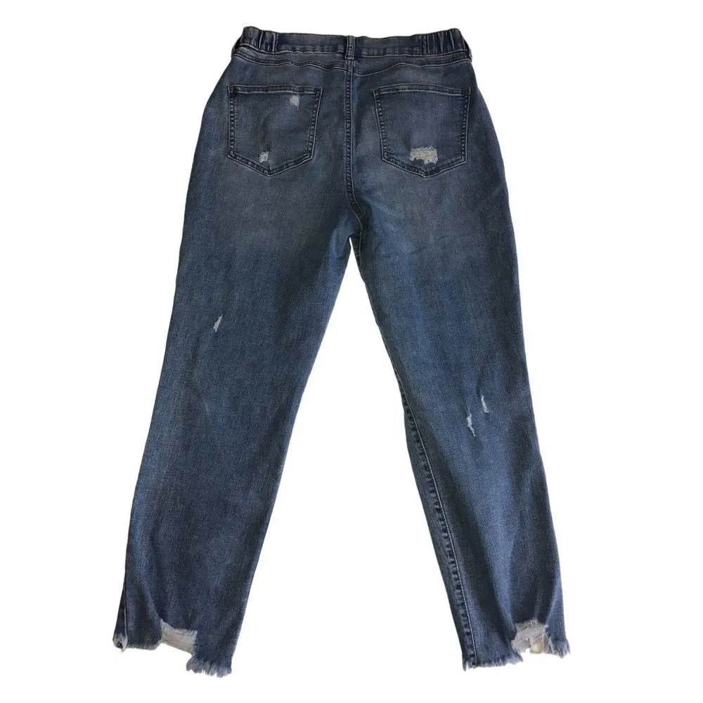 Size 11 Real Curve Mom Jeans Light Wash Elastic Waist Distressed Raw Hem - Image 3