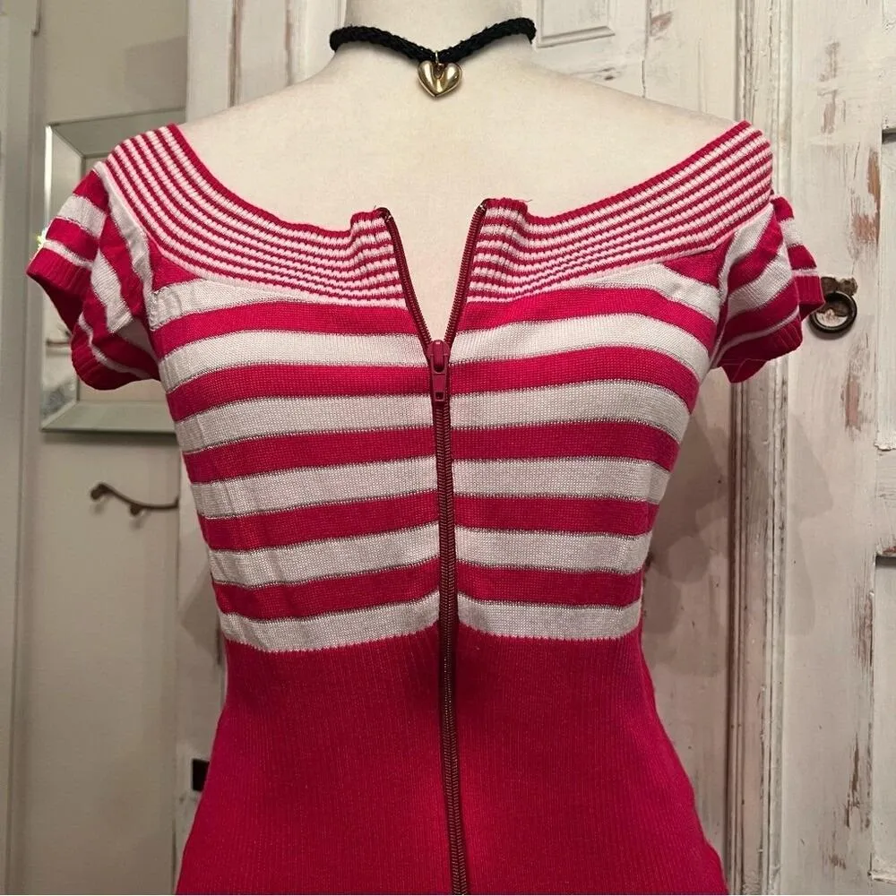 Vintage Dolce Vita Pink White Striped Shimmer Zip Front Knit Y2K Top Size M Size M - Image 4