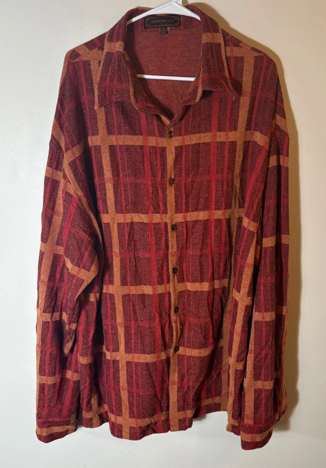 Vintage Creme de Silk Burnt Red Plaid Silk Button Front Blouse Made in Korea 3X - Image 1