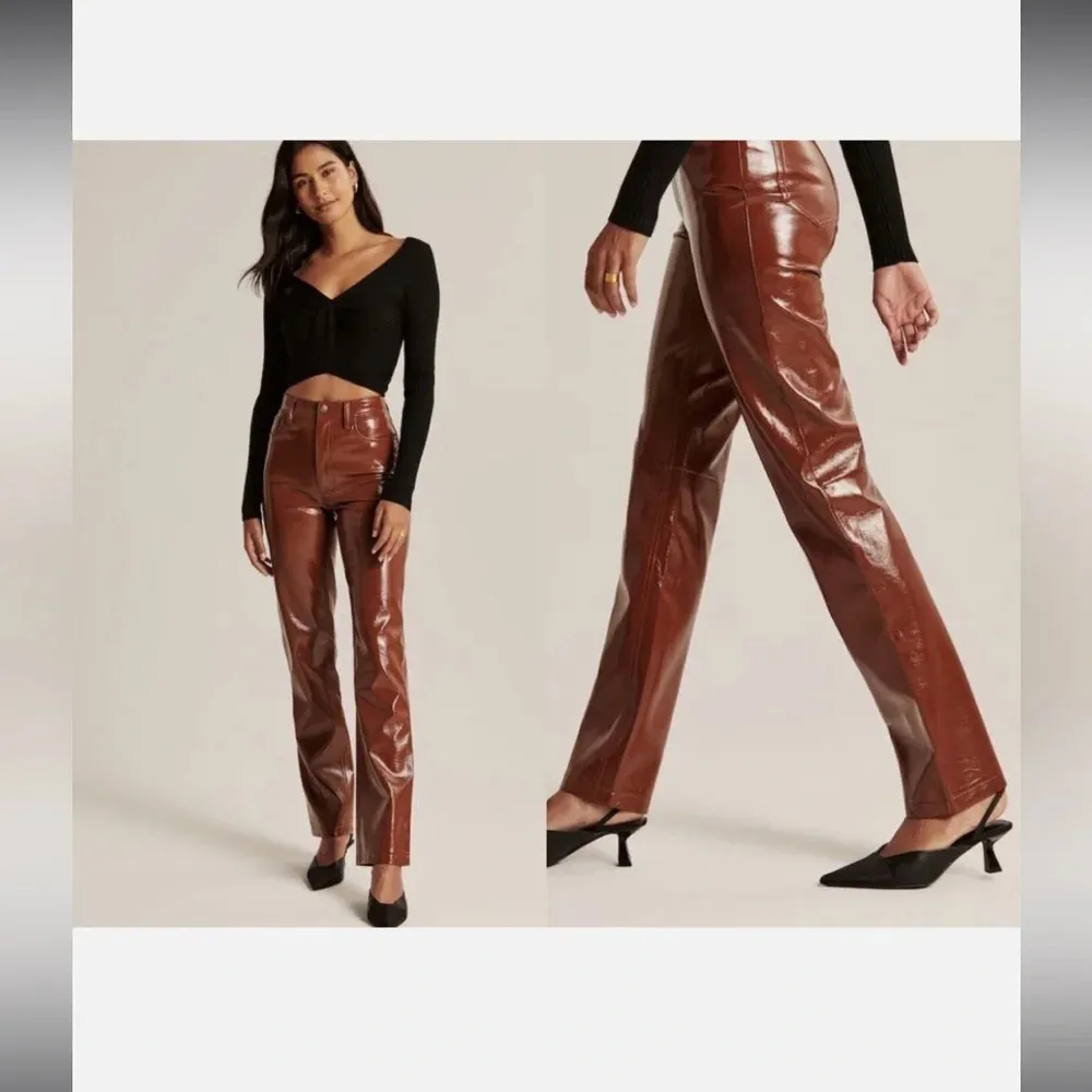 Abercrombie & Fitch The 90s Straight Ultra High Rise Faux Leather Pants Brown - Image 6