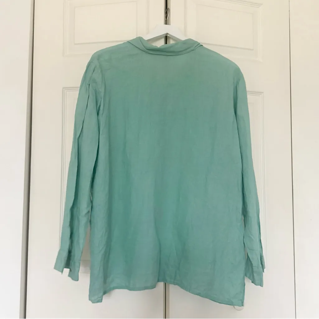 Eileen Fisher 100% Irish Linen Button Down Top Turquoise Blue Size Large - Image 8