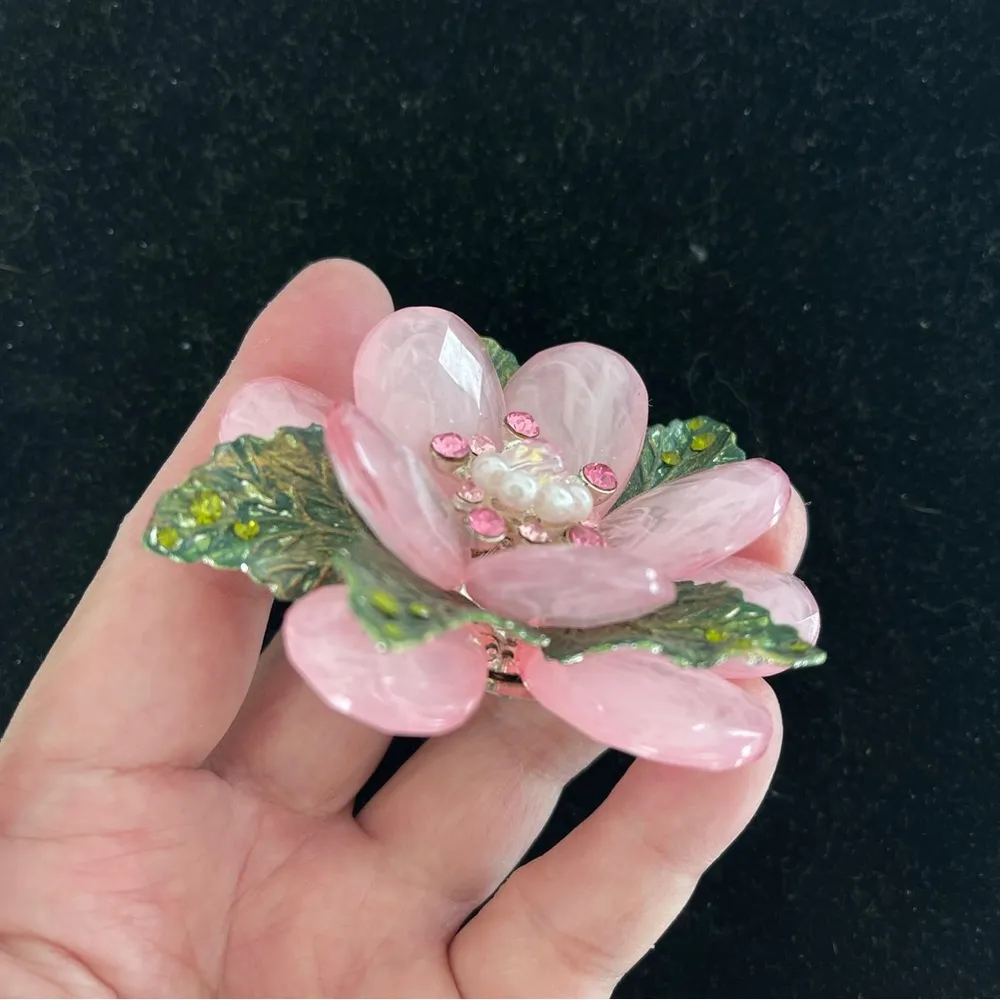 Rare Vintage 3D Pink Resin With Rhinestone Pearls Flower Brooch - Image 3