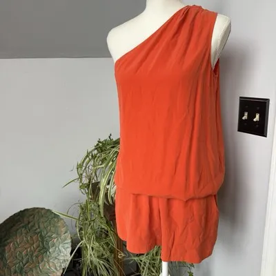 Ramy Brook Orange One‎ Shoulder Silk Romper Shorts Size Large vacation resort - Image 2