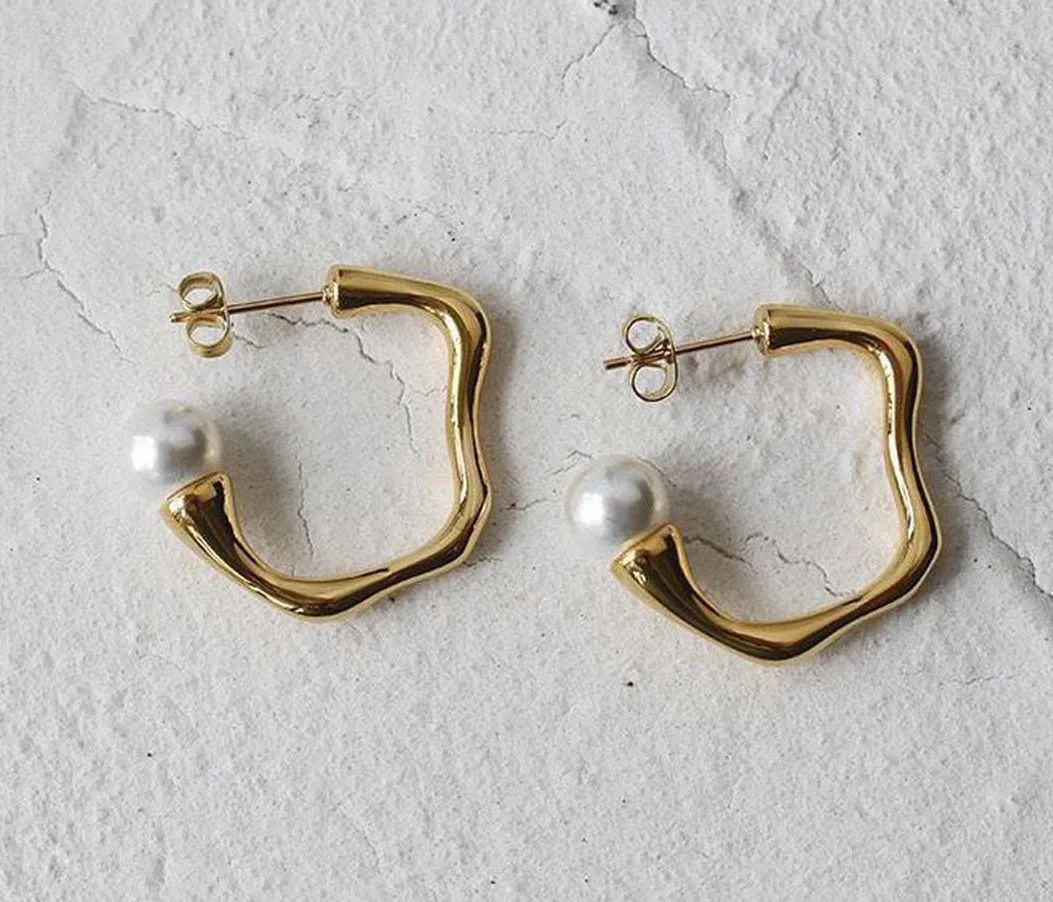 hoop earrings with pearl gold open hoop chunky hoop push back open hoop gold hoop with pearl - Image 2