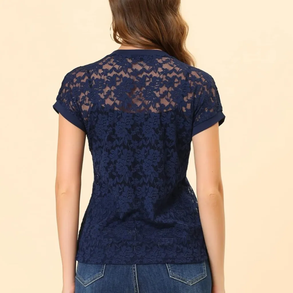 NWT Allegra K Floral Lace Overlay Batwing Sleeves‎ Crew Neck Casual Top - XS - Image 4
