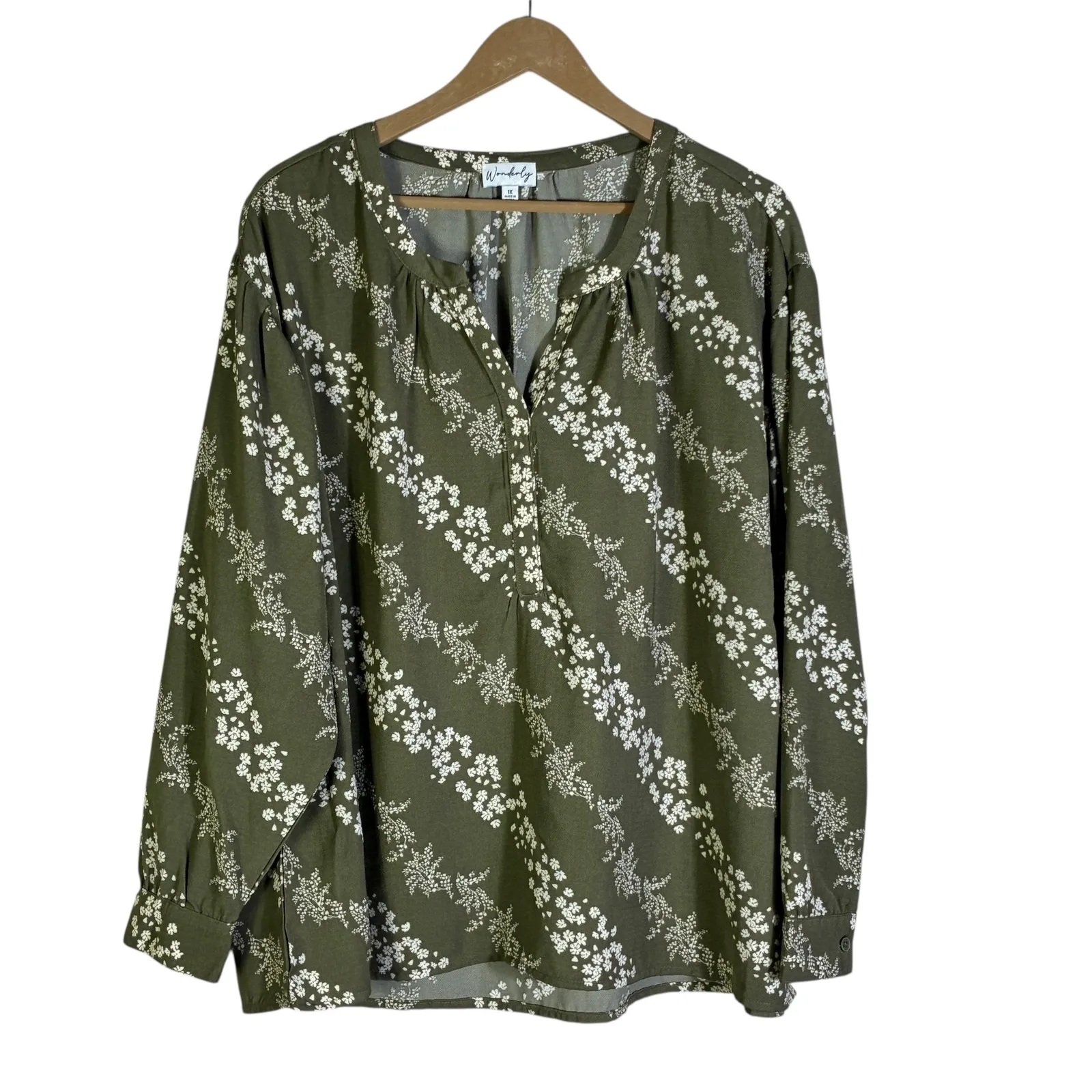 Wonderly Women's Olive Green Floral Print V-Neck Long Sleeve Top Plus Size 1X - Image 2