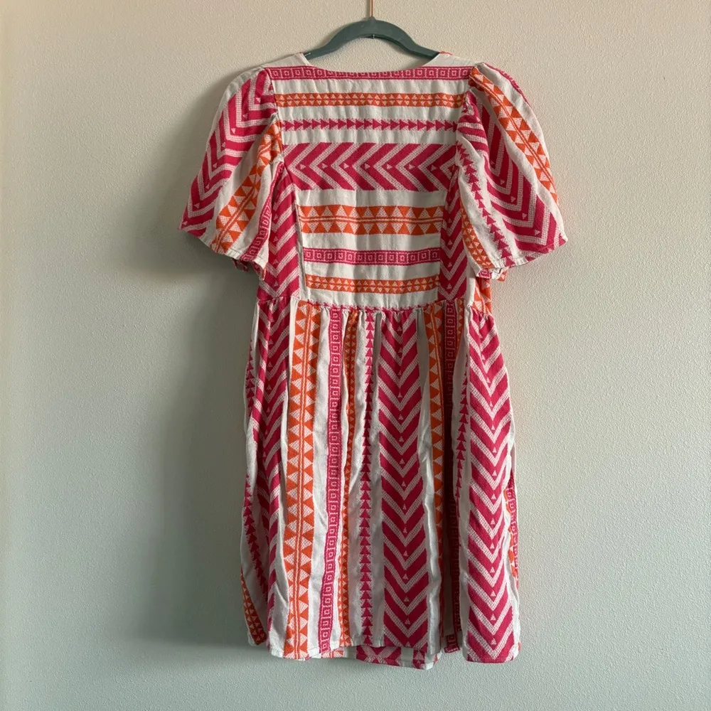Old Navy Pink & Orange Jacquard Aztec Mini Swing Dress Size Medium TALL Cotton - Image 9