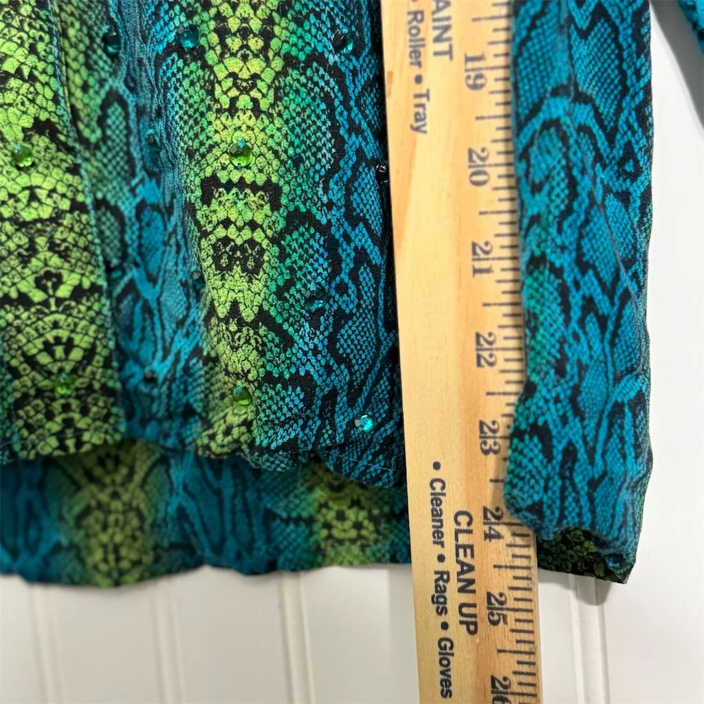 Diane Gilman Silk Snakeskin Shirt S Blue Green Sequin Mob Wife Y2K Button Up Top - Image 6