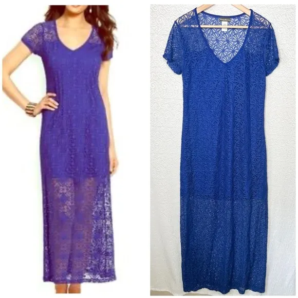 Tommy Bahama Danube Blue Lace Maxi Dress Beach Coverup L Short Sleeve V-Neck - Image 2