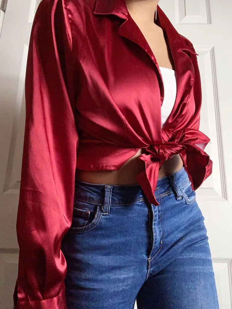 “Silk” Red Button Down Shirt Size L - Image 3