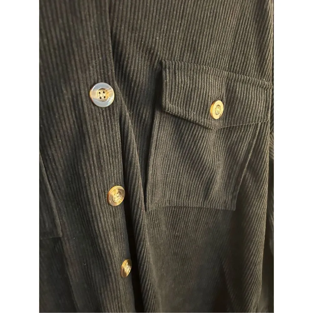 NEW Corduroy Button Down Oversized Tunic Dress Pockets Midi S Black - Image 4