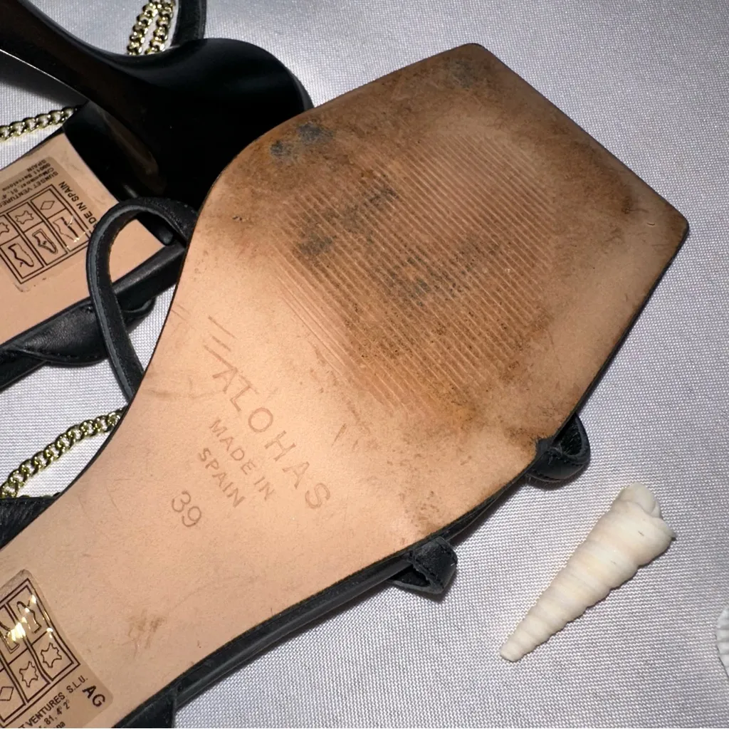 ALOHAS • Leather Straps Chain Black Square Toes Heels Summer Spain Sz 39 Size 8 - Image 6