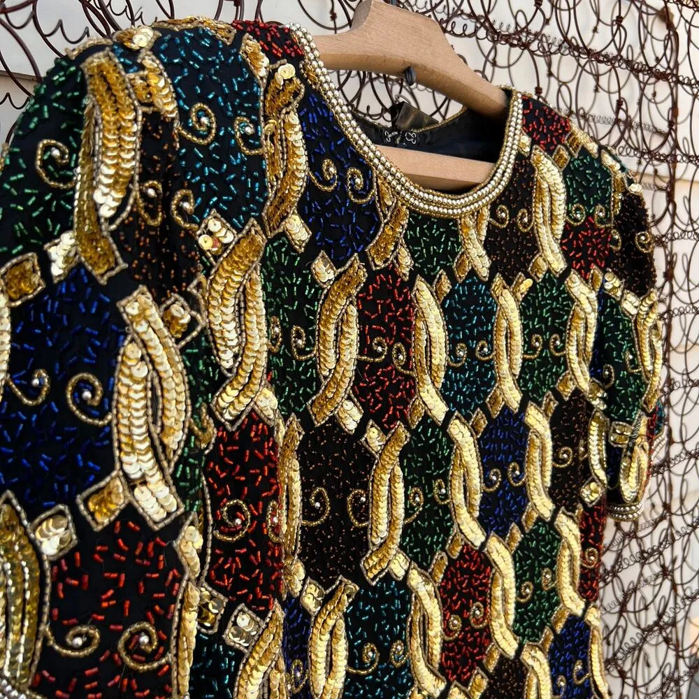 Vintage Laurence Kazar art deco bead sequin silk blouse gold chain pattern - Image 2