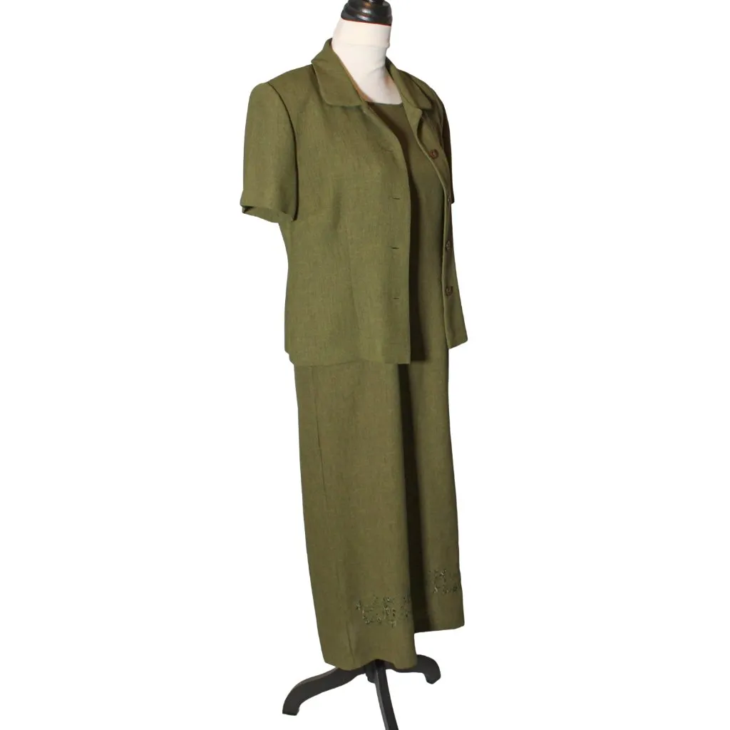 Vintage 90s Sag Harbor Whimsigoth Set Size 10P Olive Green Embroidered Dress - Image 3