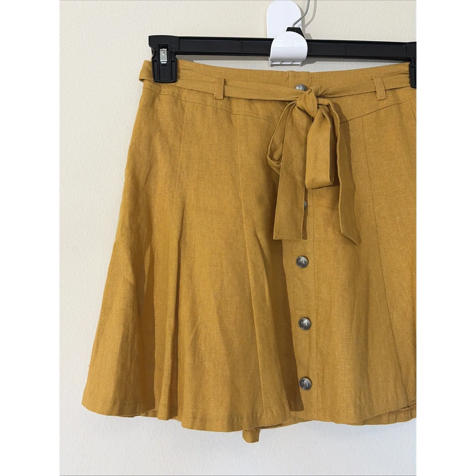 XXI Mustard Yellow Linen Blend Aline Tie Waist Button Mini Skirt Womens‎ Small - Image 2