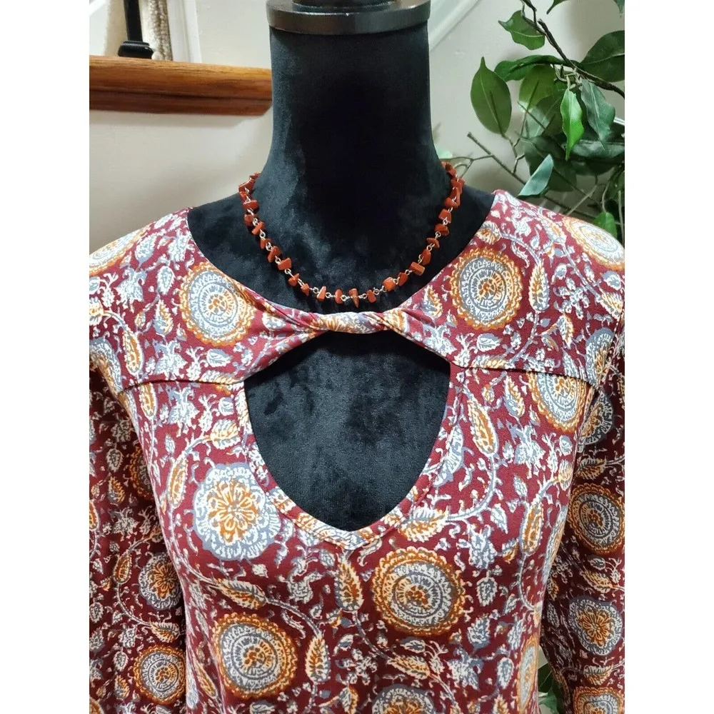 Three Pink Hearts Burgundy Key Hole Round Neck Long Sleeve Casual Top Blouse XL - Image 12