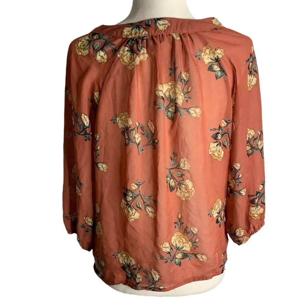 Milk & Honey Boho Floral Blouse M Dark Pink Tie Neck Sheer Balloon Sleeves - Image 5