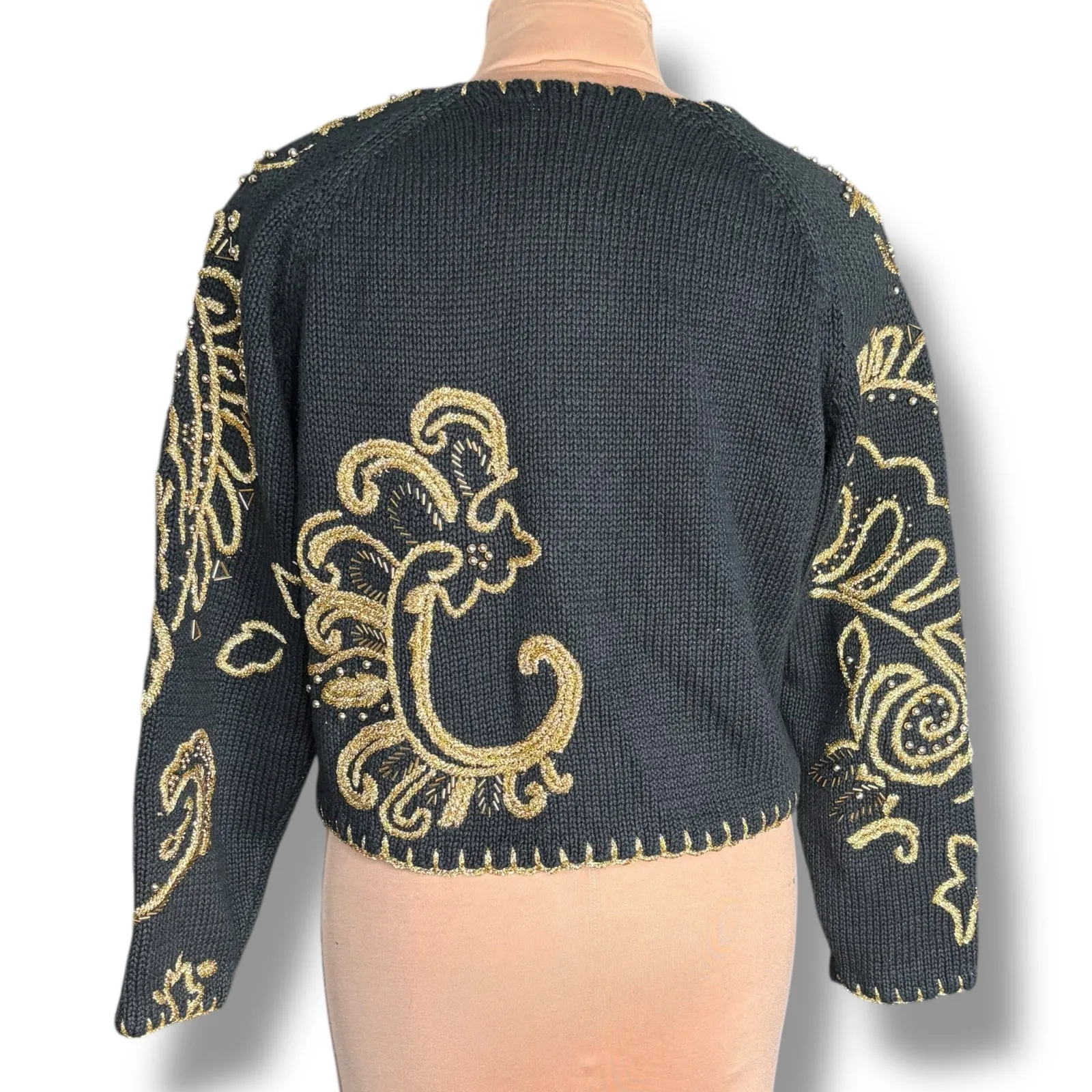 Vintage 90s Michael Simon Black Gold Metallic Embroidered Cropped Knit Cardigan Size L - Image 6