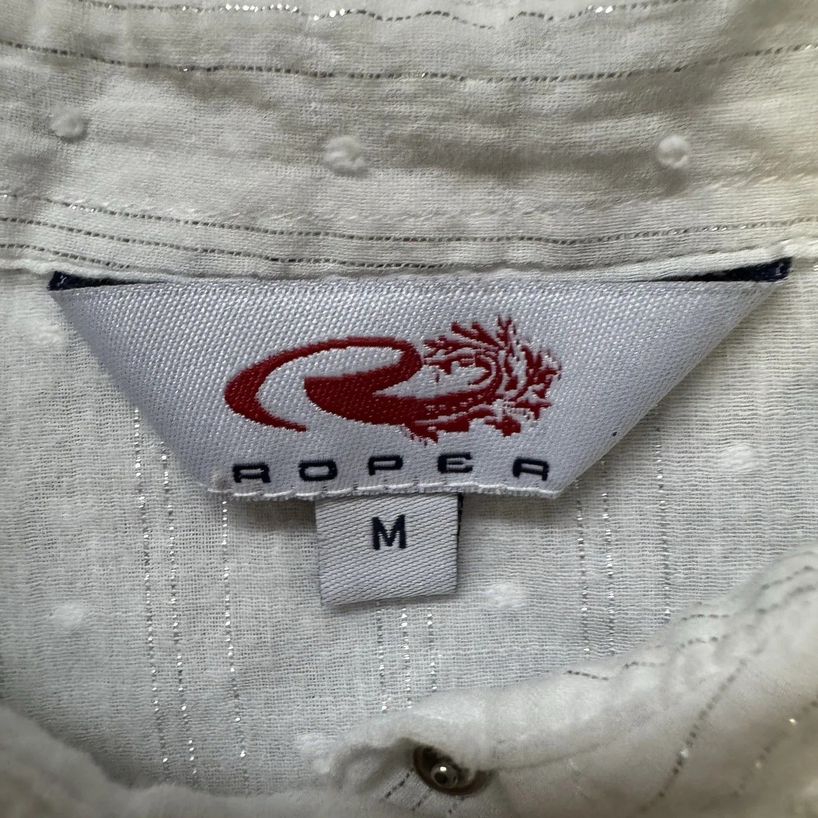 Roper Women M Western Cowgirl Shirt Pearl Snap Embroidered White Silver Metallic Size M - Image 3