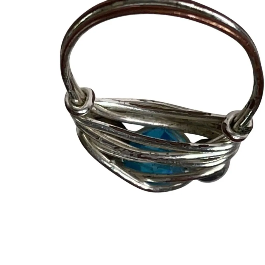 Silver Wire Wrapped Ring With Blue Glass Bead Metallic Accents u - Image 2