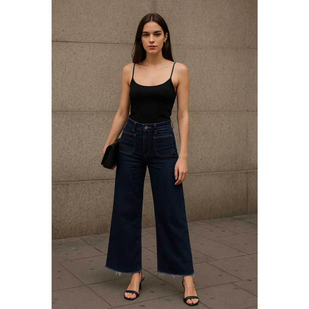 Zara Woman High Waist Wide Leg Crop Jeans Dark Indigo Raw Hem Rigid Denim Size 1 - Image 8