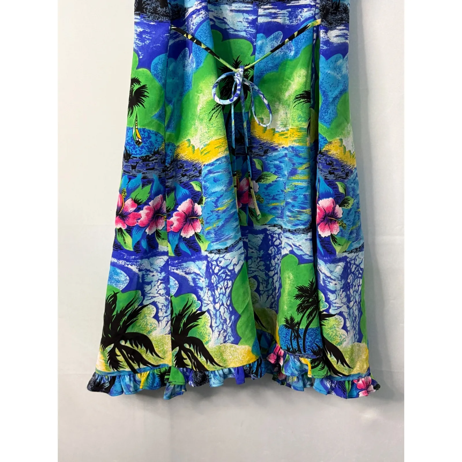 VTG Coco Bianco Tropical Island Palm Tree Hawaiian Print Midi Dress Size 8 - Image 6
