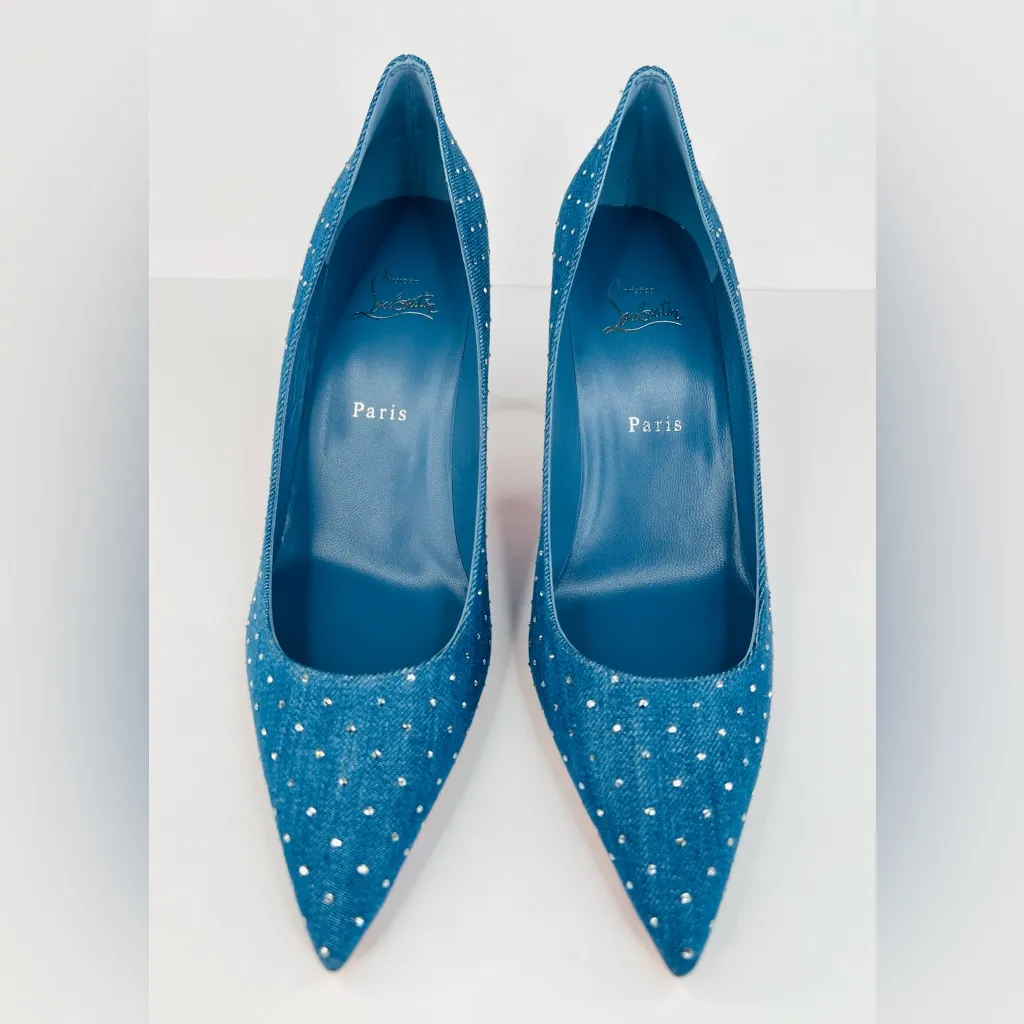 CHRISTIAN LOUBOUTIN Kate Plum Strass 85mm Crystal Blue Denim Pumps Size EU 41.5 - Image 6