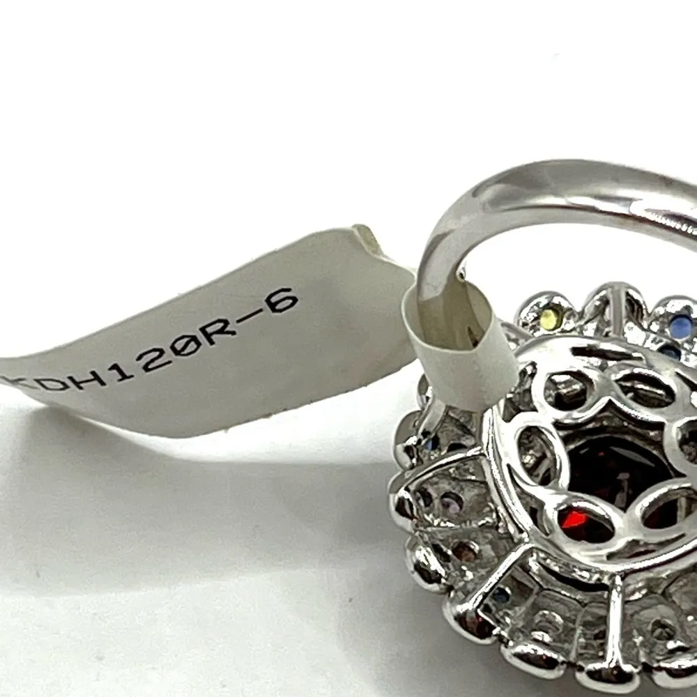 Cocktail Ring Faceted Red Quartz Multi Gemstone Flower Ring Signed FP Sz 6 VTG - Image 12