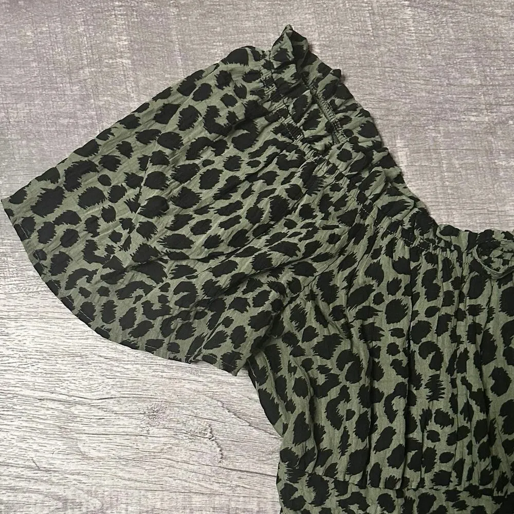 Francescas Mi Ami Green Leopard Print Flounce Mini Dress M Peasant Top Ruffle - Image 6