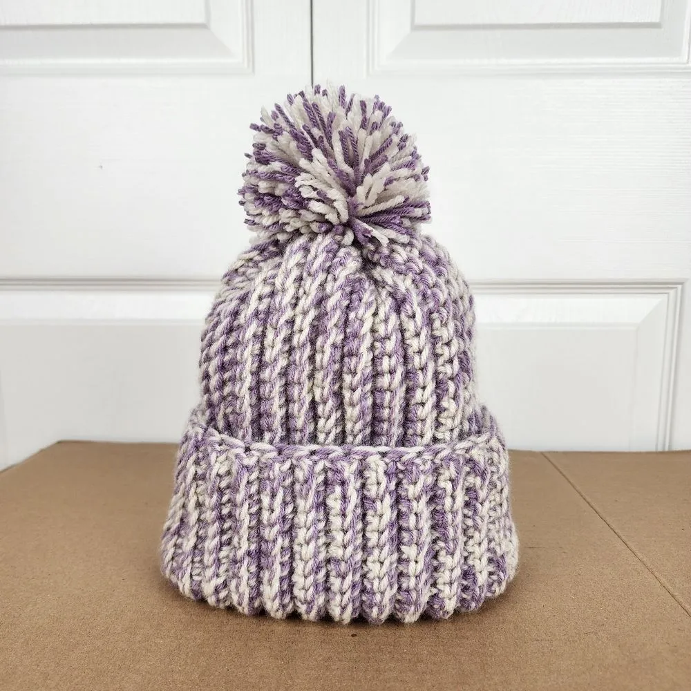 New Handmade Crochet Chunky Ribbed Beanie Cream Purple Pompom Warm Hat Cap - Image 6