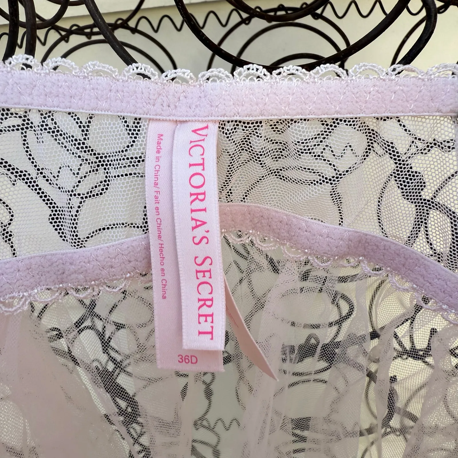 Victoria's Secret Babydoll Chemise Sexy Slip Pink Black Lace Sheer Push Up 36D - Image 3