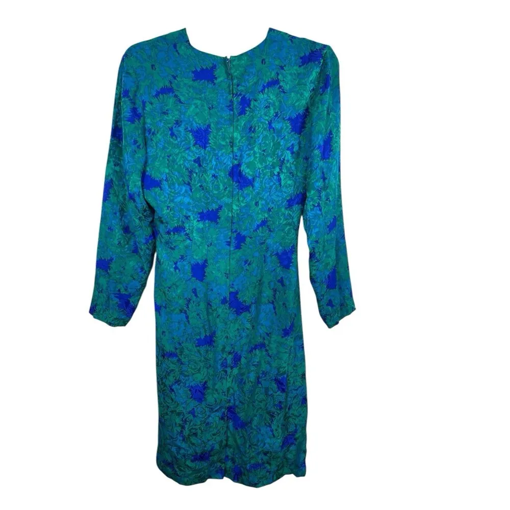 VTG Silk Studio 100% Silk Blue Green Floral Draped Vneck Wrap Front 80s Dress 12 - Image 3