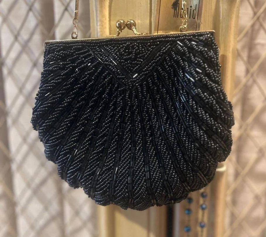 MAGID Black Beaded Elegant Evening Bag Purse with gold chain NEW - Image 2