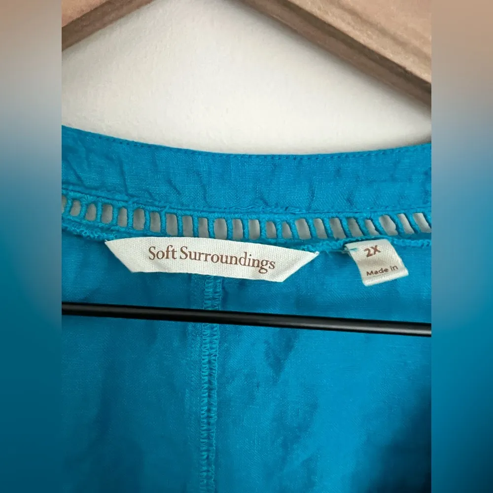 Soft Surroundings Women Leonie Linen Tunic Top Caribbean Turquoise V Neck 2X - Image 3