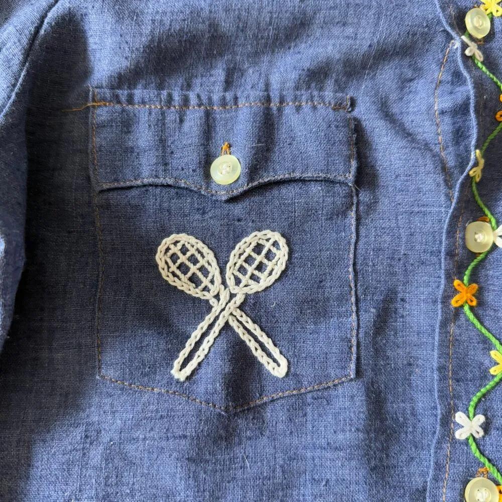 1970s Levis Orange Tag Embroidered Denim Button Down Shirt - Image 6