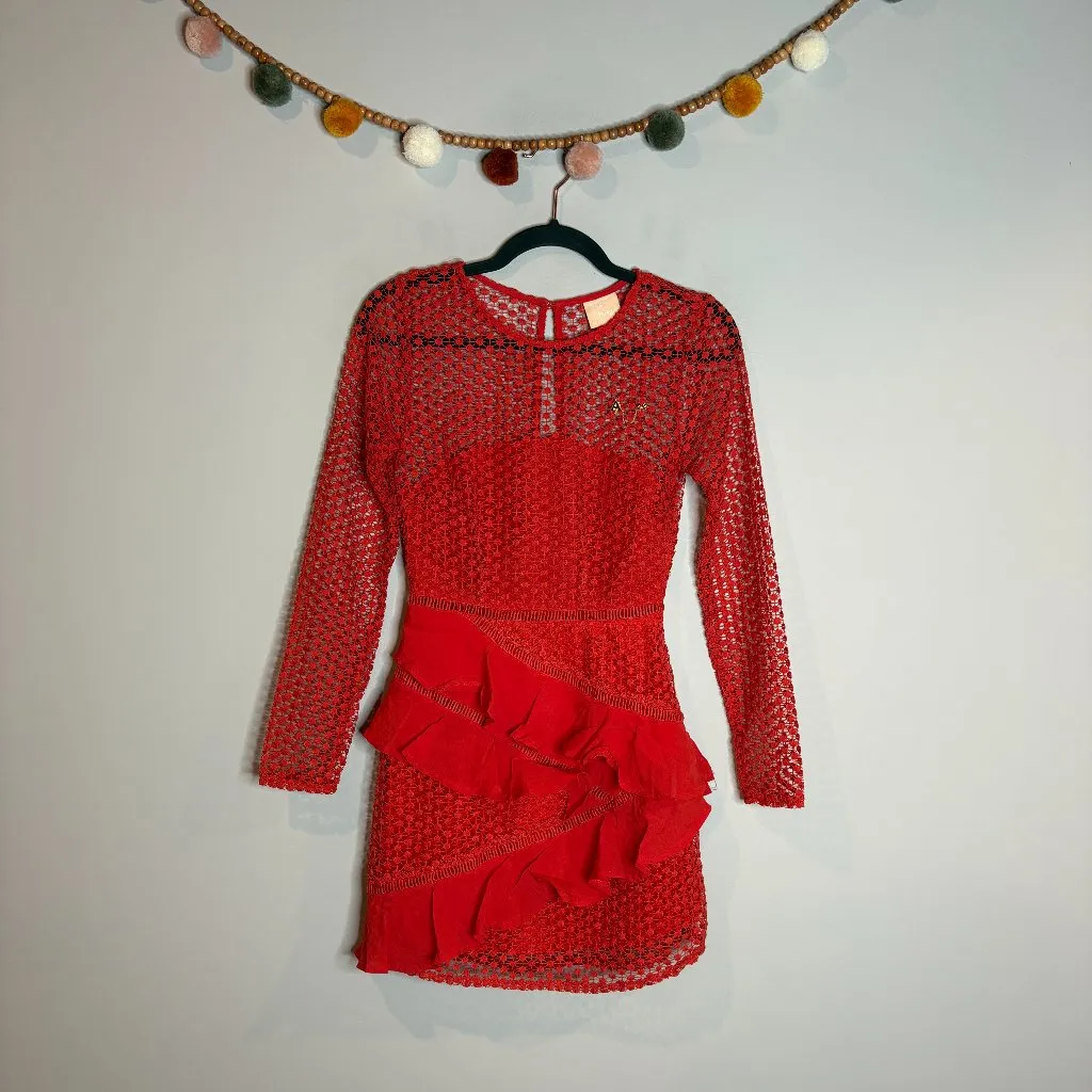 Sage & Paije Selfie Leslie bright red Aramis Long Sleeve Lace & Ruffle Dress - Image 2