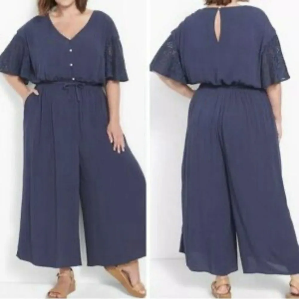 Lane Bryant Jumpsuit NWT 12 Navy One Piece Tie Waist Cottage Boho Lace‎ Sleeve - Image 2