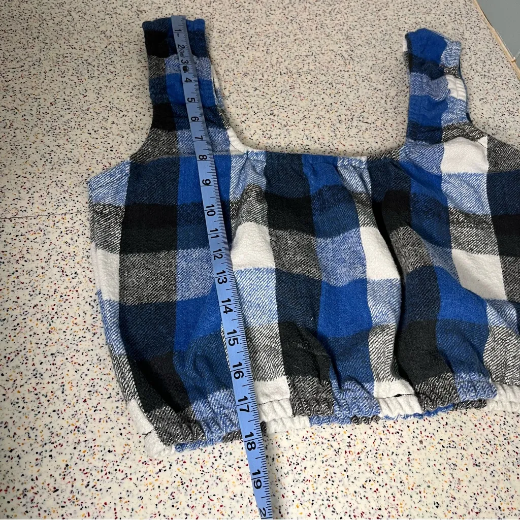 Urban Renewal Remade Scrunchie Flannel Cropped Tank Top Blue Plaid Women’s M/L - Image 7