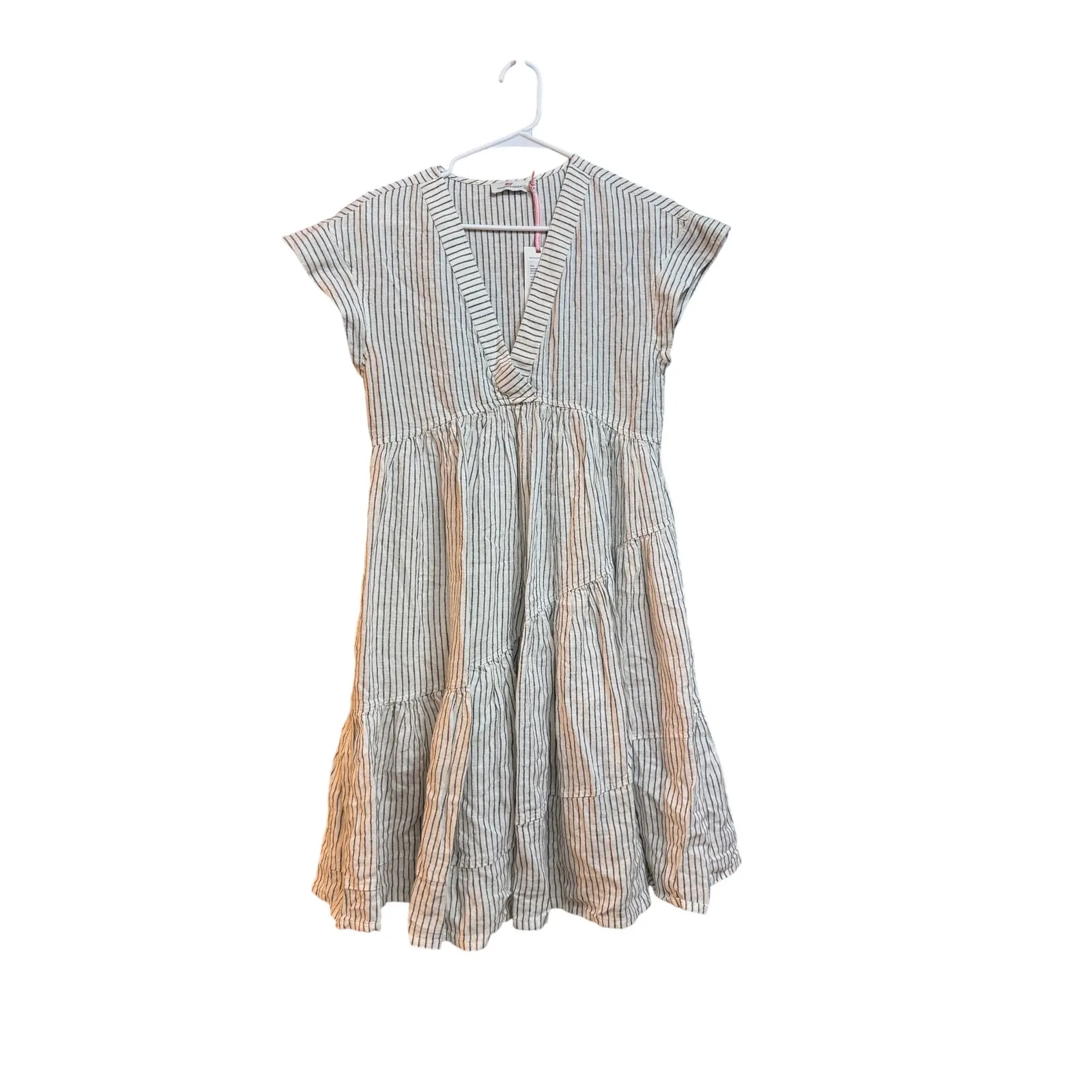 Vineyard Vines Jet Stripe Tiered‎ Linen Dress XS V Neck Cap Sleeve NWT - Image 2